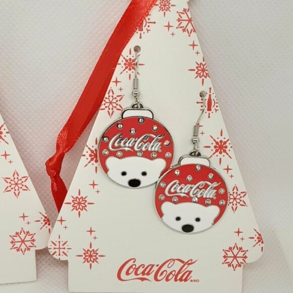 New Coca-Cola Earrings & Brooch Christmas Polar Bear Rhinestone Accents Jewelry - Picture 4 of 4
